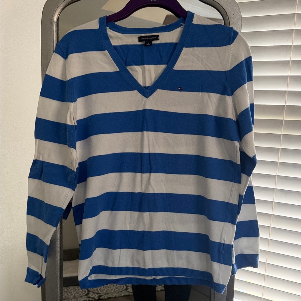 Tommy Hilfiger Blue and White Striped V-Neck Top